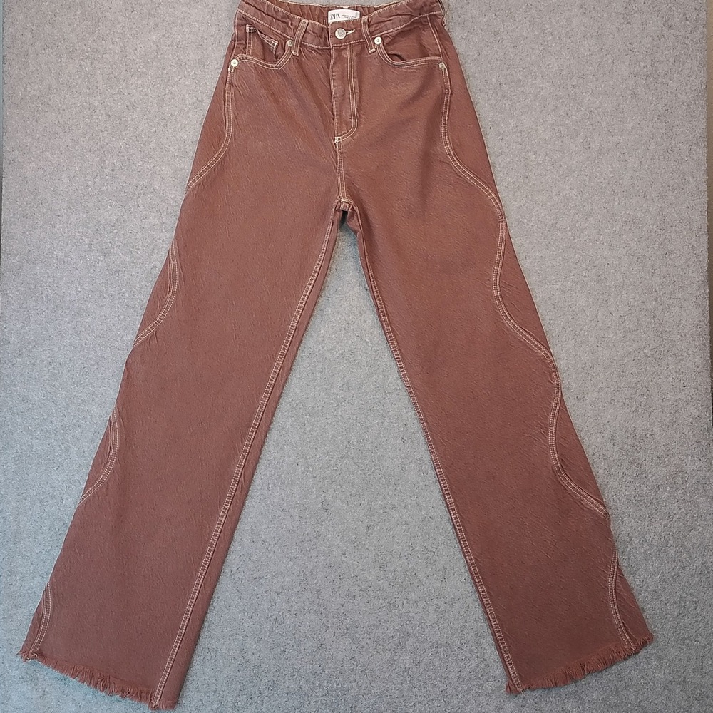 Zara Brown Contrast Stitch High Waist Wide Leg Raw Hem Jeans Size 2